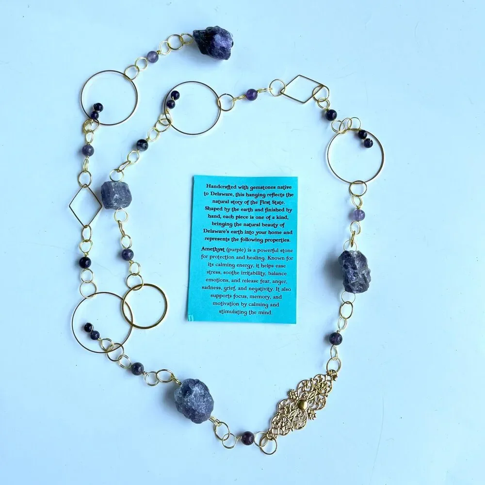 Raw Amethyst and Amethyst Bead Gemstone Wall Hanging Gold Filigree